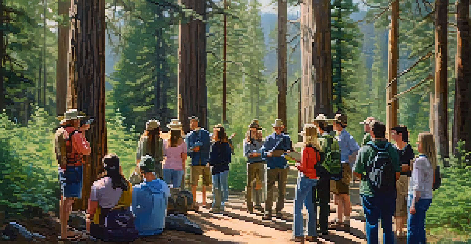 A nature tour in Big Bear with a guide explaining wildlife to tourists in a lush forest setting.