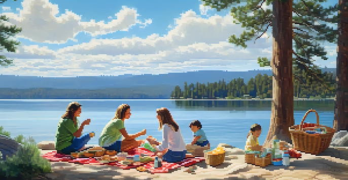 A family enjoying a picnic by Big Bear Lake on a sunny day, with green trees and blue sky in the background.