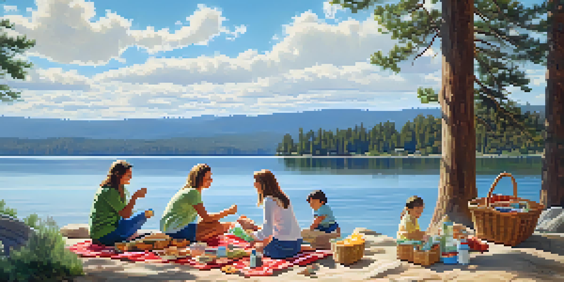 A family enjoying a picnic by Big Bear Lake on a sunny day, with green trees and blue sky in the background.