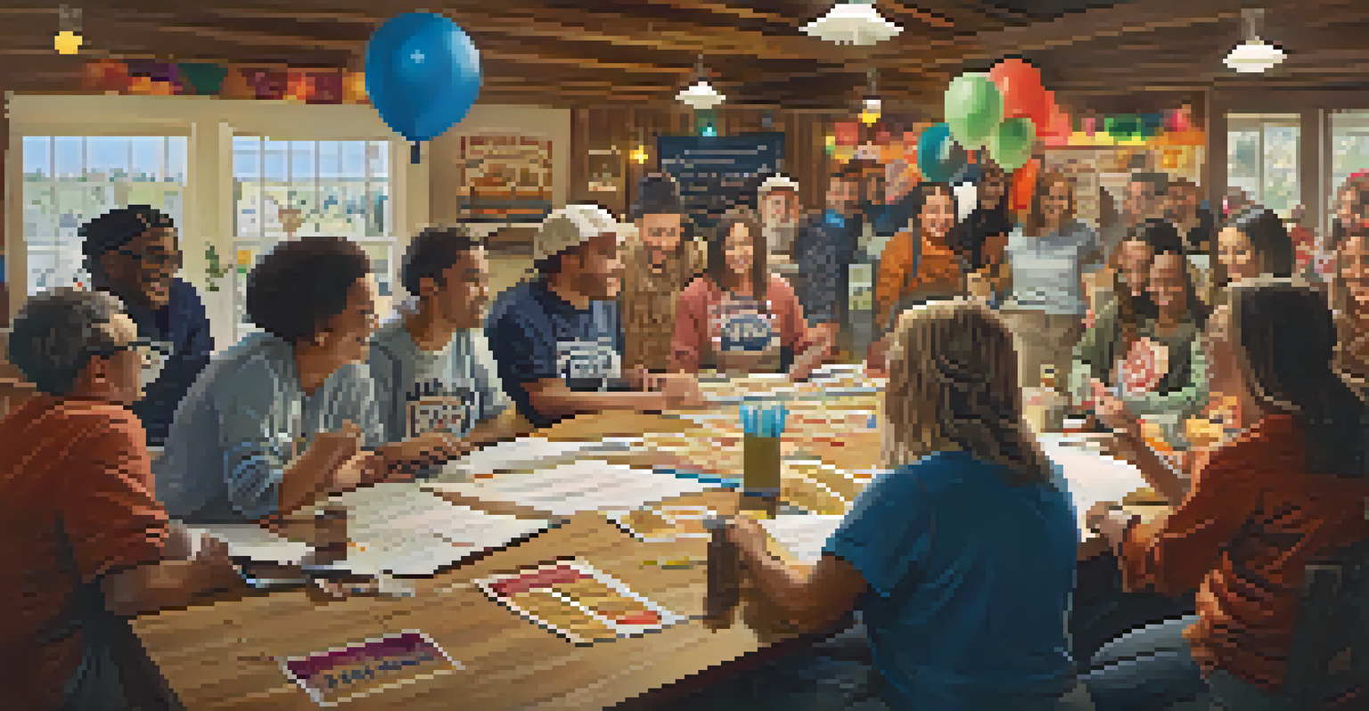 Volunteers collaborating around a table filled with notes and decorations, planning a community event in a warm and inviting indoor setting.