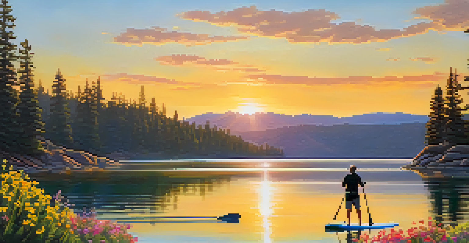 A paddleboarder enjoying a sunset on Big Bear Lake, with wildflowers and trees in the background.
