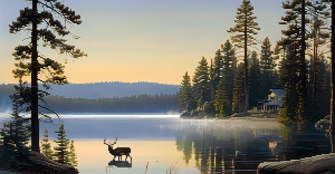 A peaceful sunrise over Big Bear Lake with mist, pine trees reflecting in the lake, and deer grazing nearby.