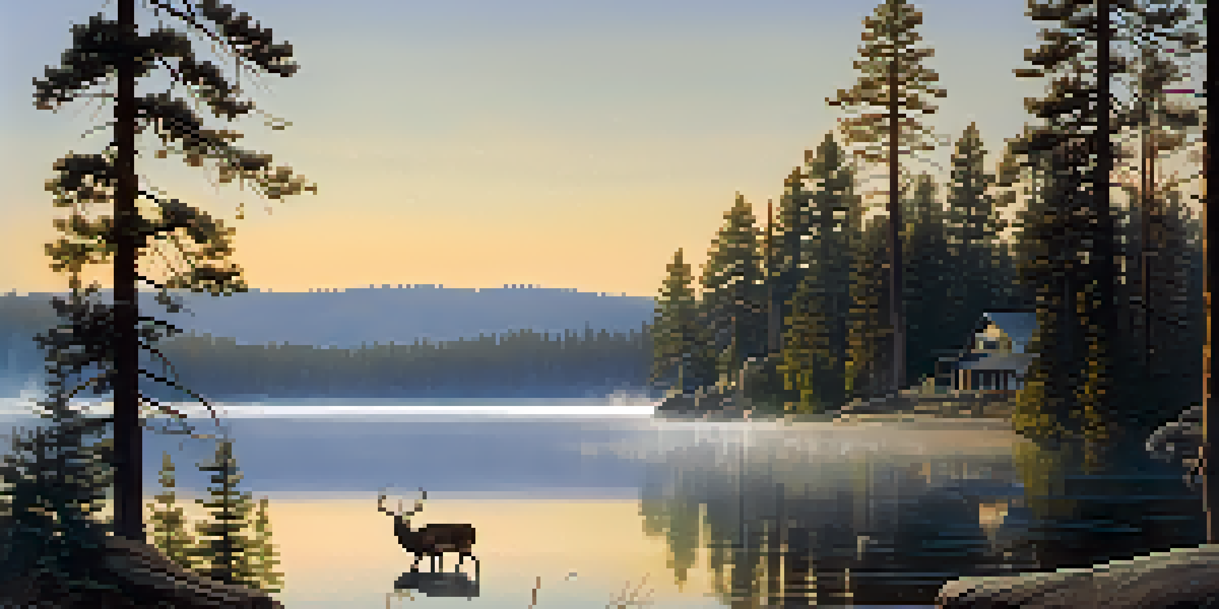 A peaceful sunrise over Big Bear Lake with mist, pine trees reflecting in the lake, and deer grazing nearby.