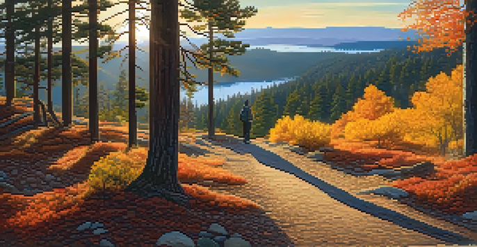 A picturesque view of Pine Knot Trail in autumn, with colorful leaves and a hiker enjoying the sunset over Big Bear Lake.
