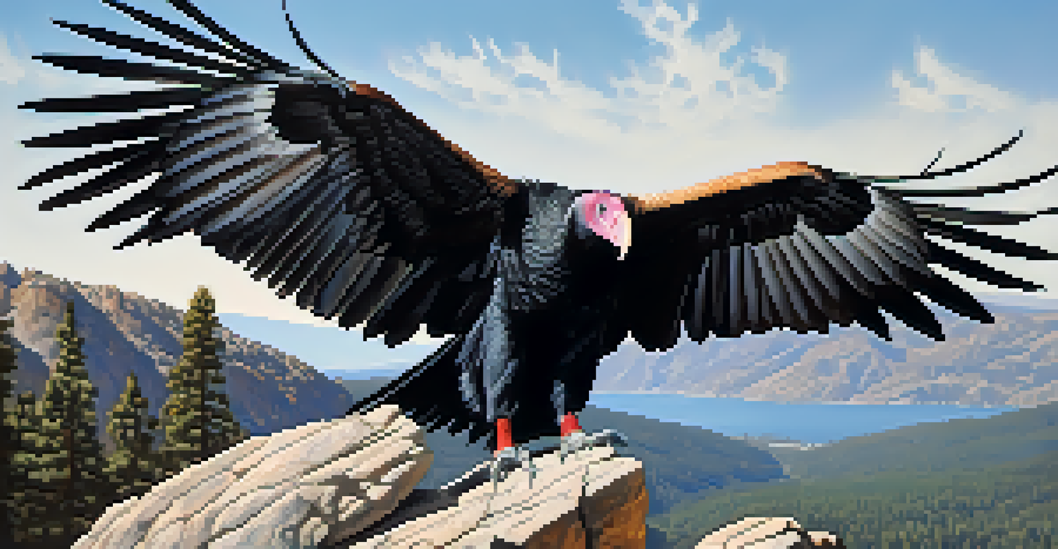 Close-up of a California Condor on a rocky ledge with mountains and blue sky in the background.