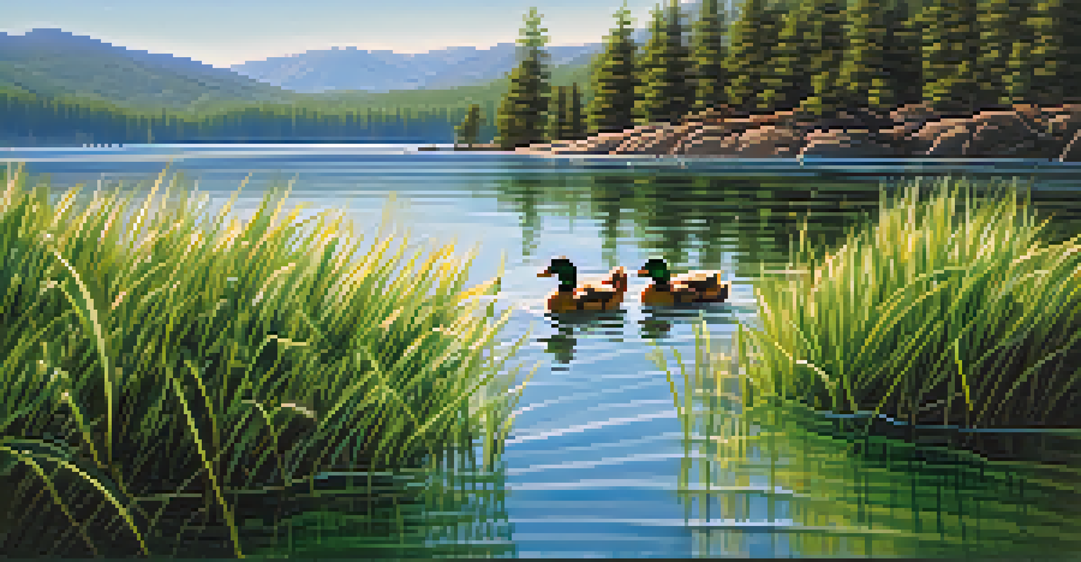 Playful ducks swimming in Big Bear Lake with mountains in the background.