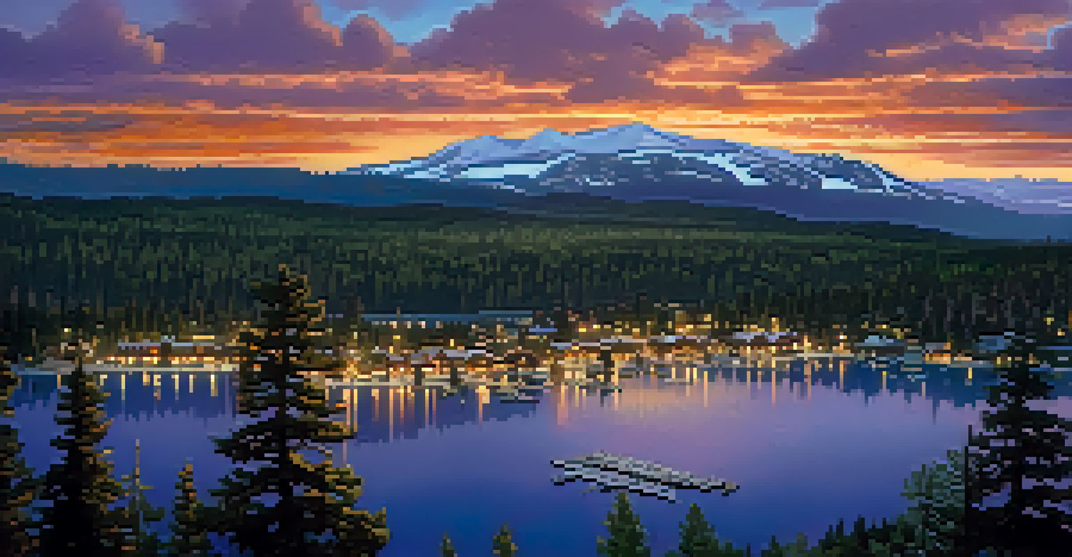 Aerial view of Big Bear Lake with forests and mountains, showing a sunset over the lake and a rustic cabin in the foreground.