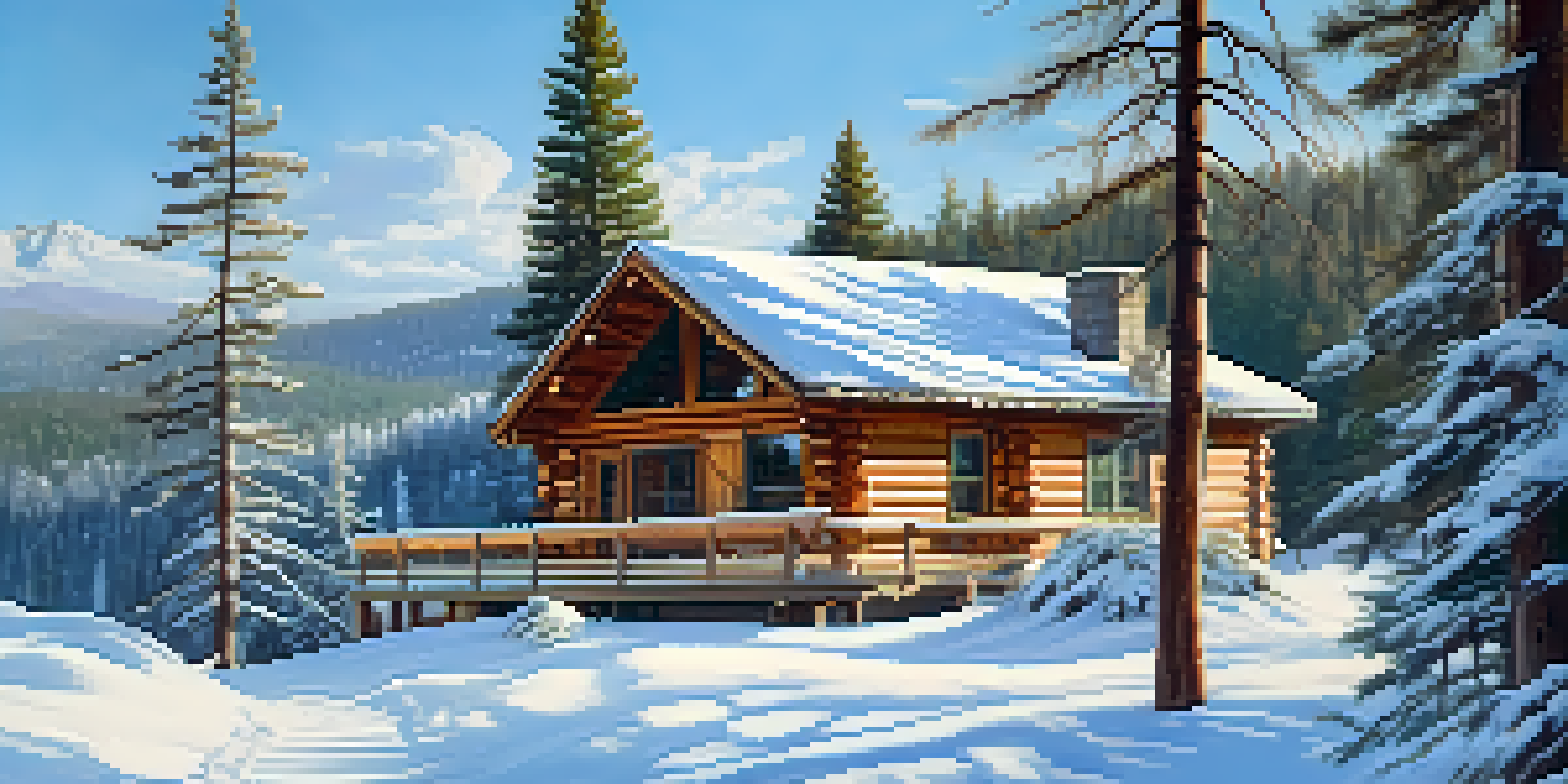 A peaceful winter scene featuring a snow-covered cabin surrounded by evergreen trees and deer in the distance.