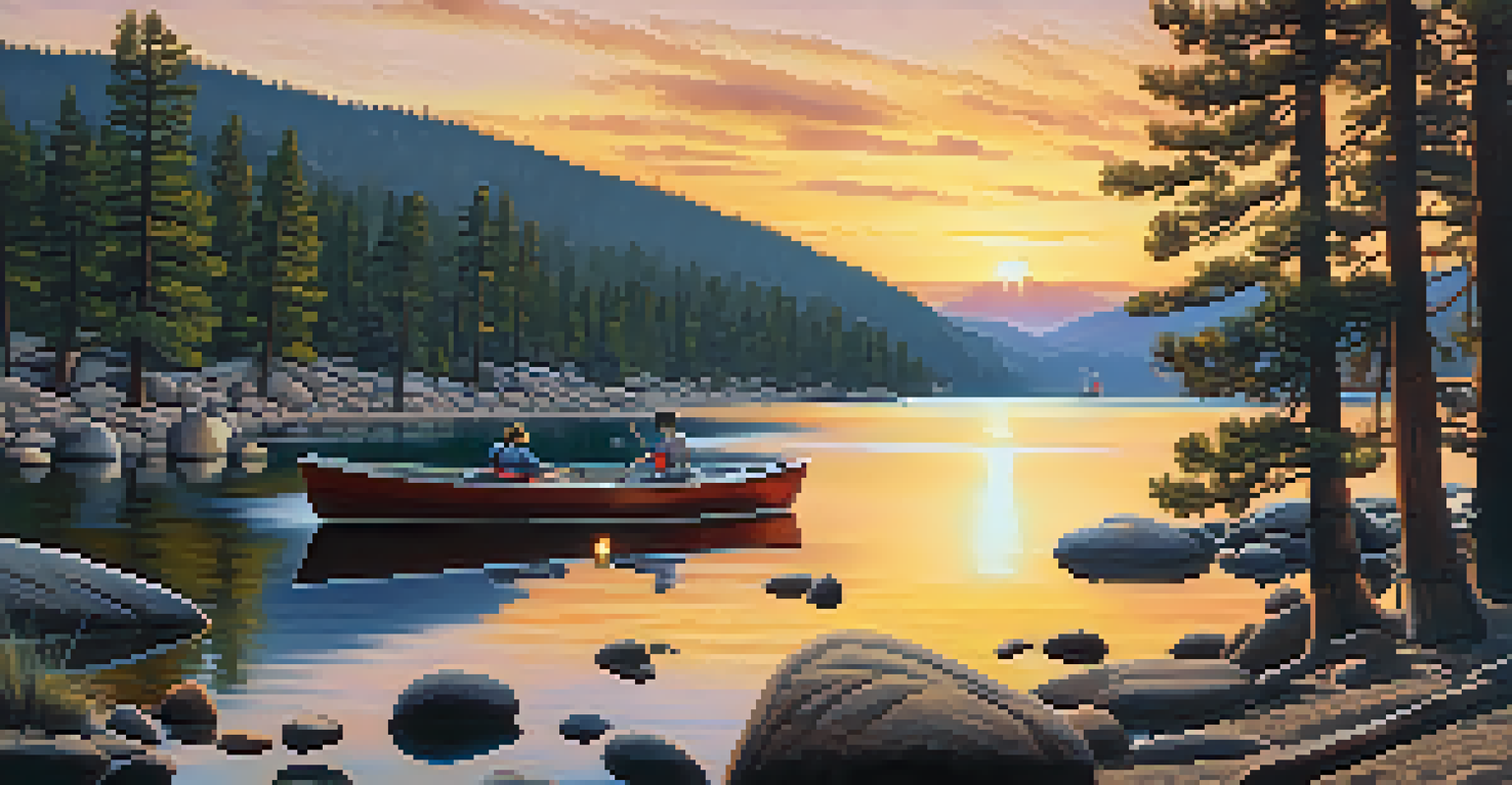 A beautiful lakeside campground with scenic boulders, sunset views, and families enjoying a campfire.