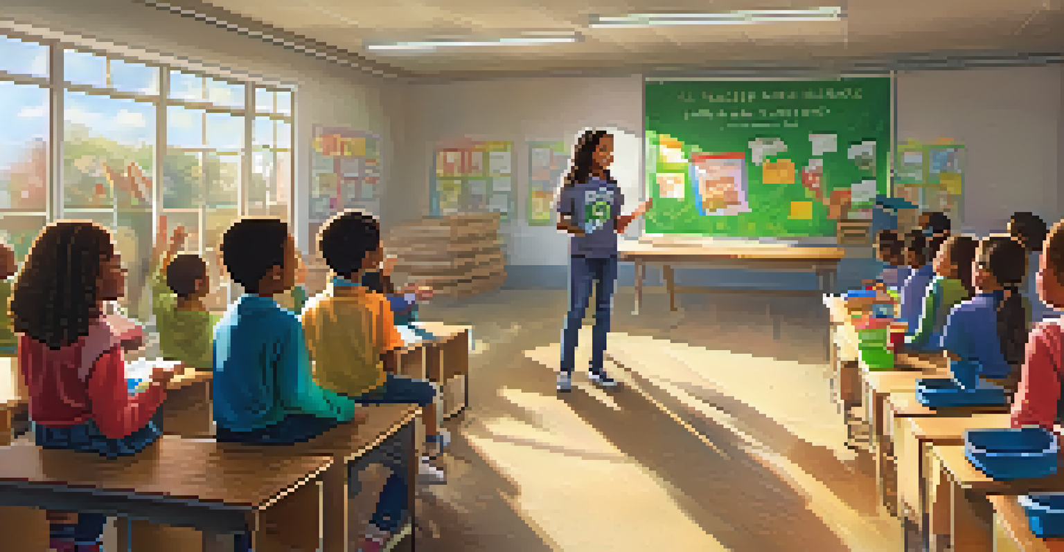 A young leader presenting a recycling initiative in a classroom filled with engaged students and colorful recycling posters.
