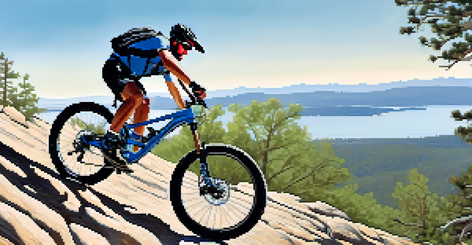 An experienced mountain biker skillfully navigating a rocky trail, with a view of Big Bear Lake in the background and clear blue skies overhead.