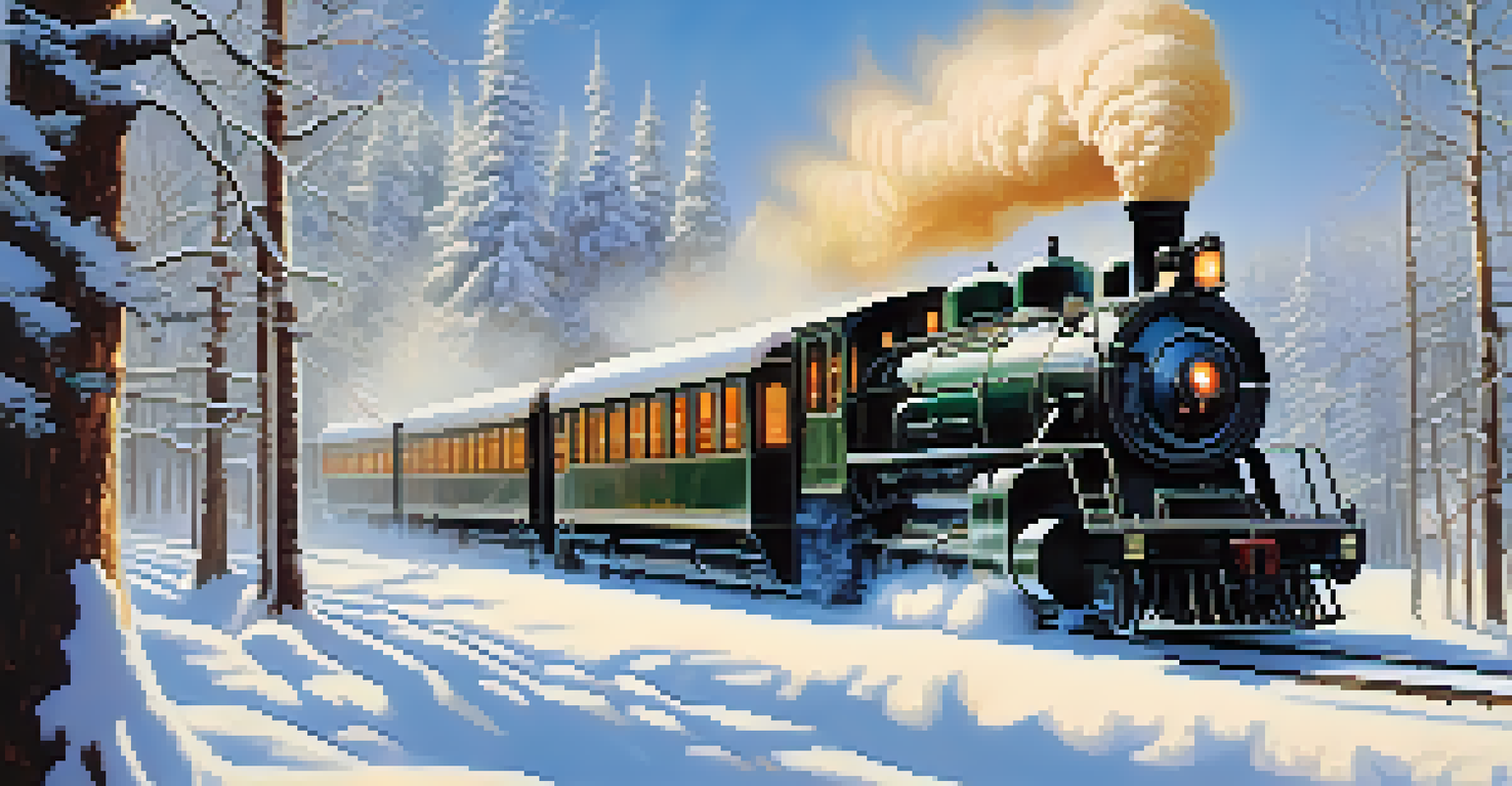 A scenic train in a snow-covered landscape, with warm light glowing from its windows during winter.