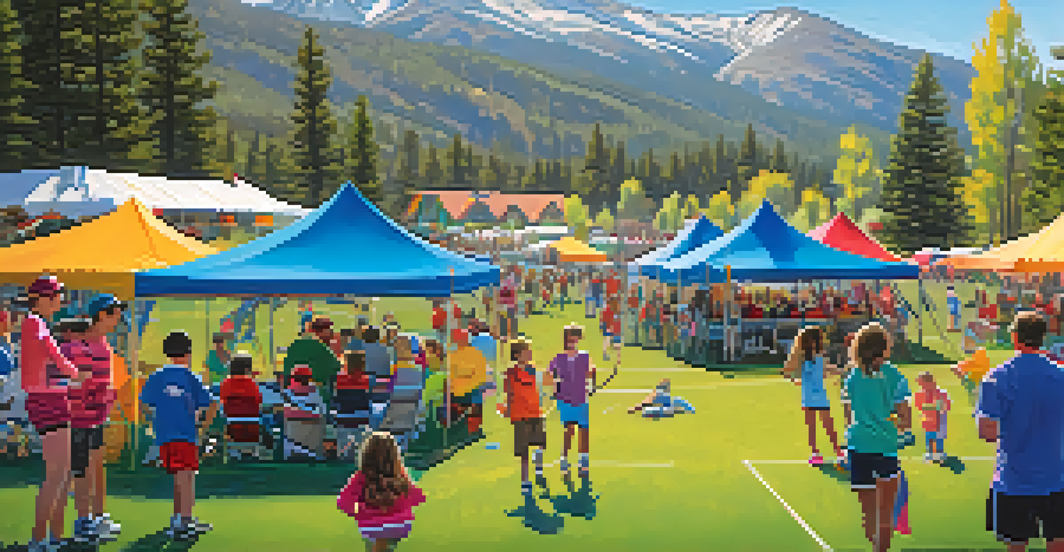 A community event with families gathered at a youth sports tournament, children in uniforms, and a mountain backdrop.