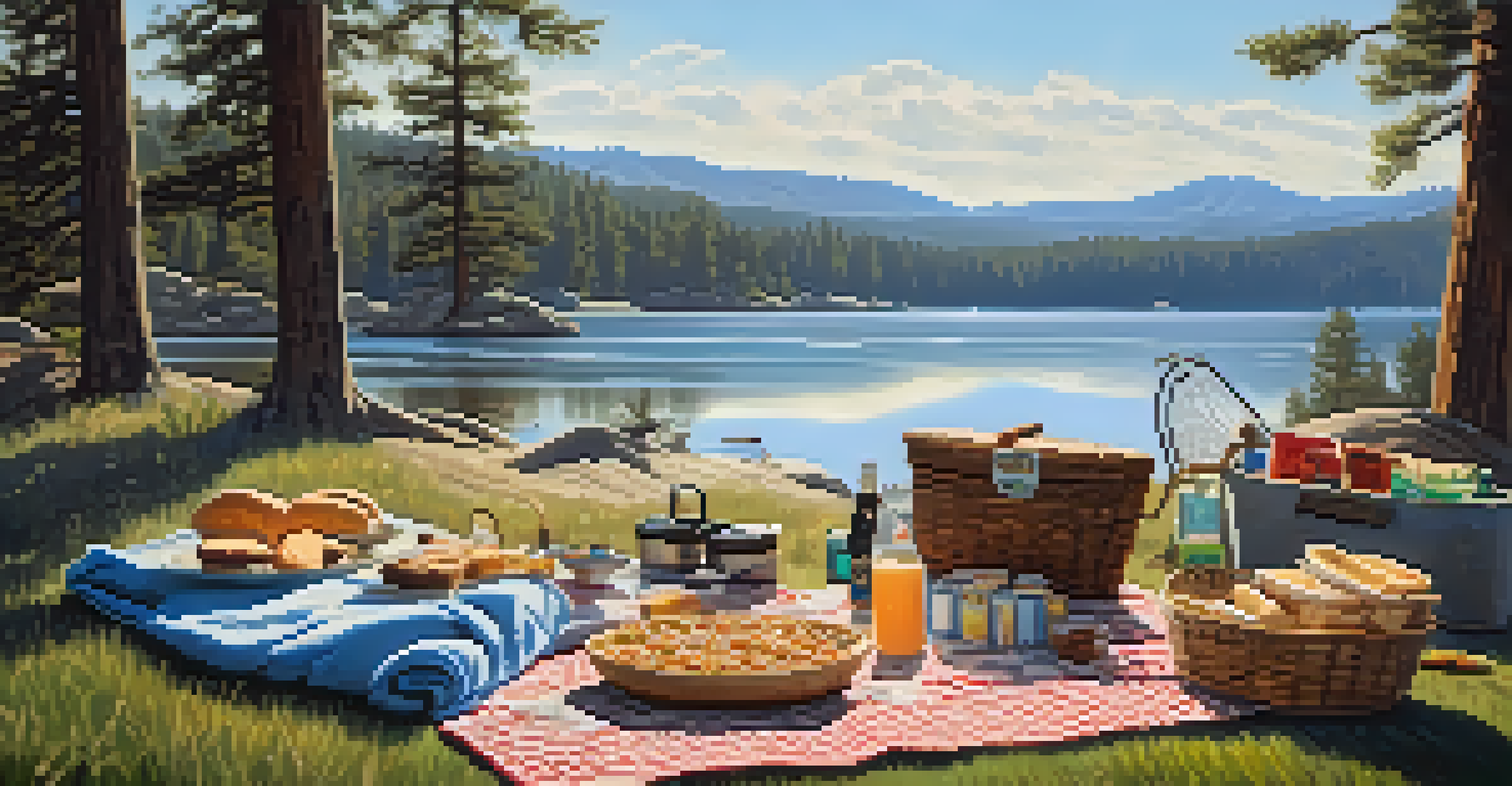 A family enjoying a picnic by the lake after fishing, with a scenic view of the water and mountains.
