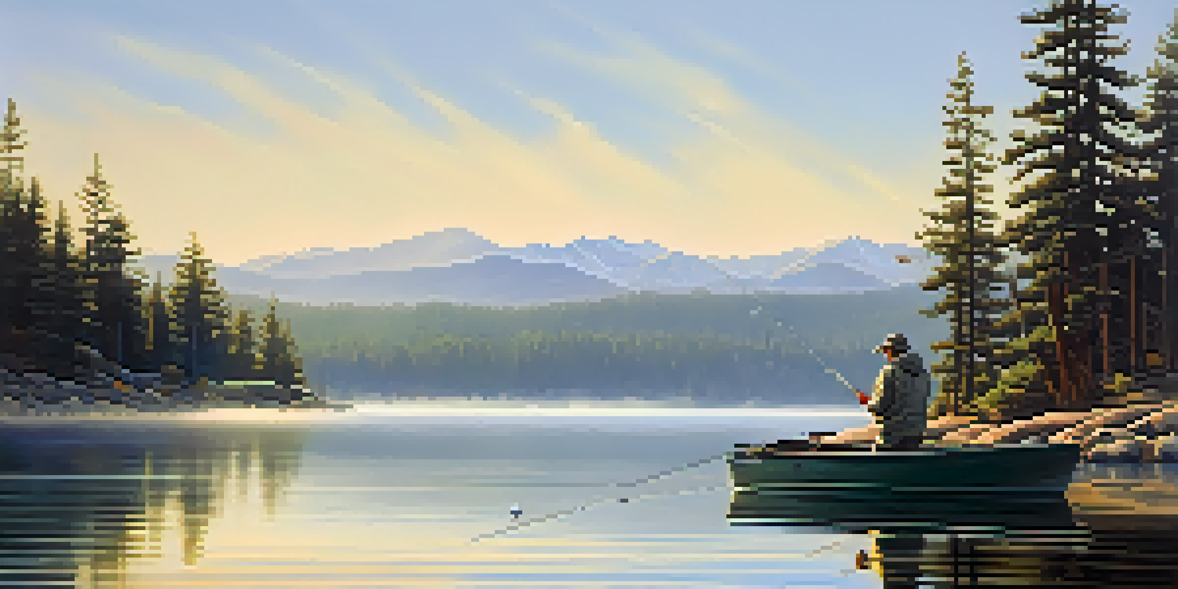 A peaceful morning at Big Bear Lake with an angler in a boat casting a fishing line, surrounded by mist and trees.