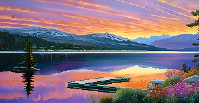 A beautiful sunrise over Big Bear Lake with solar panels in the foreground and mountains in the background.