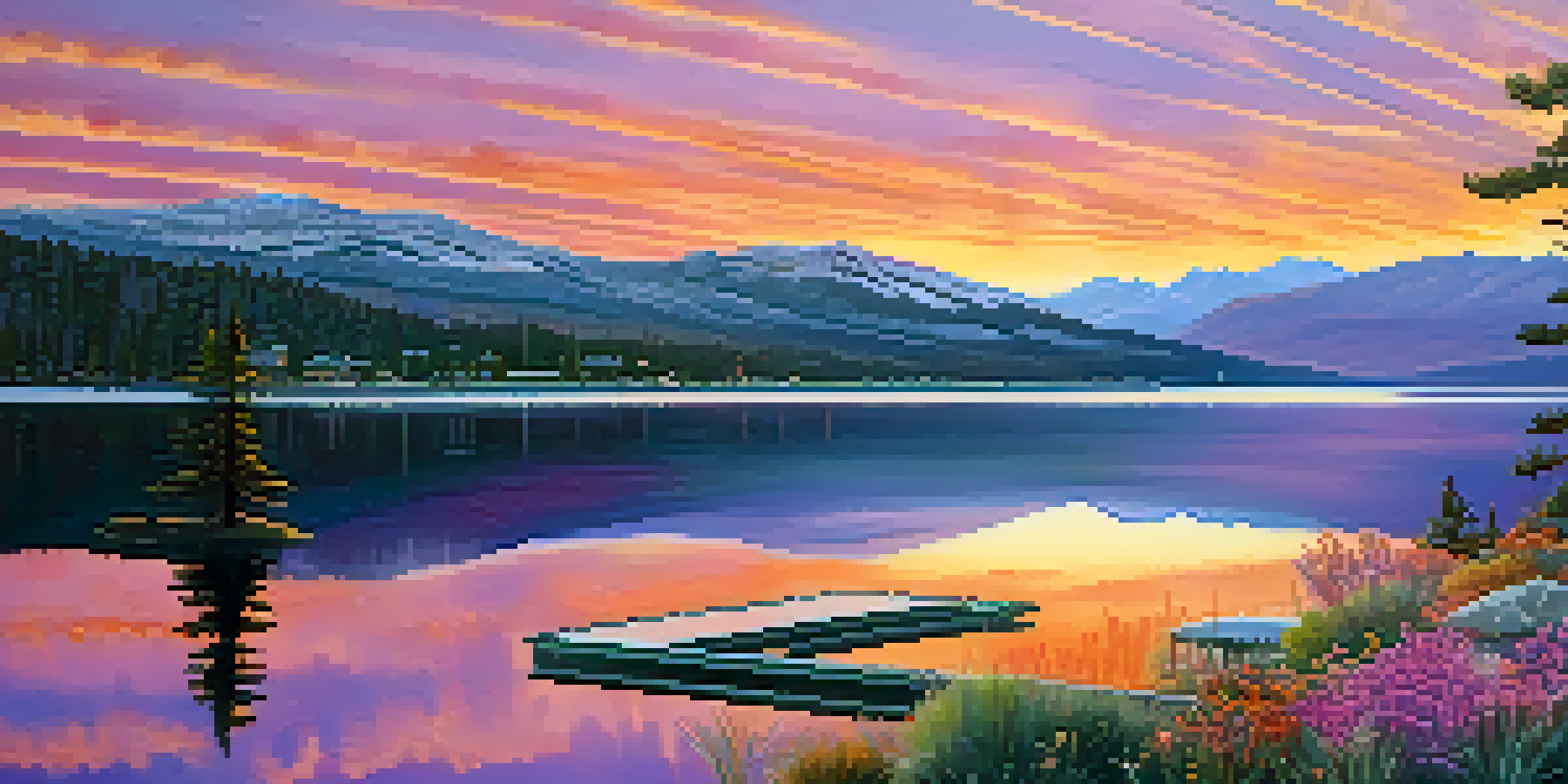 A beautiful sunrise over Big Bear Lake with solar panels in the foreground and mountains in the background.