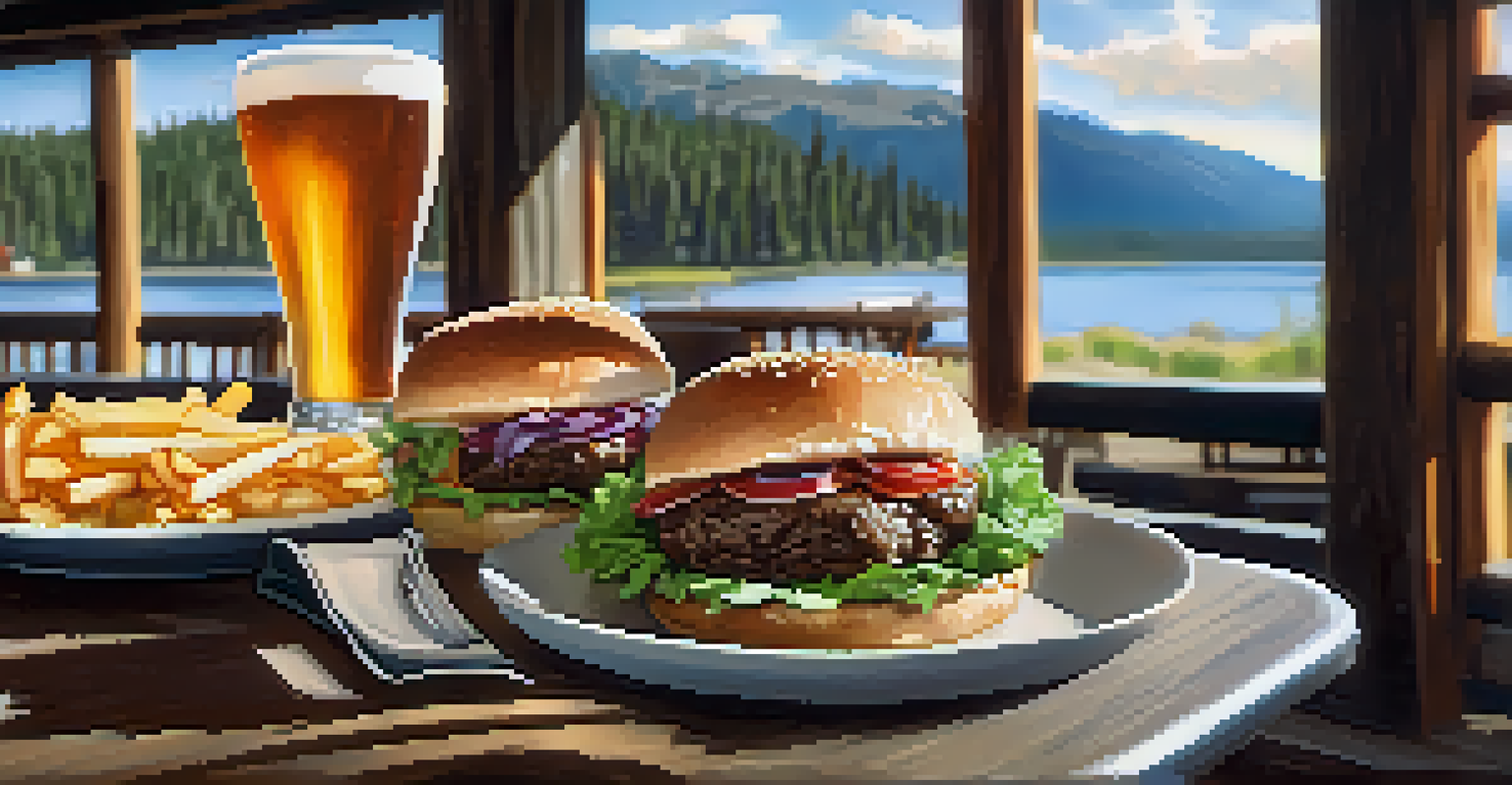 A delicious lunch featuring a locally sourced burger and fries at Big Bear Lake Brewing Company, set in a cozy, rustic restaurant.