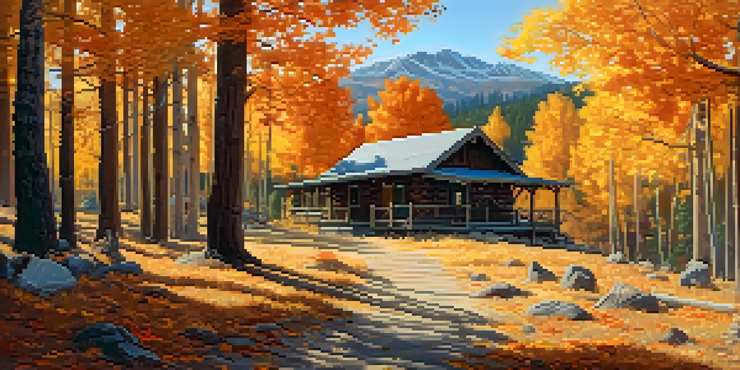An autumn landscape in Big Bear with colorful leaves and a wooden table filled with arts and crafts supplies.