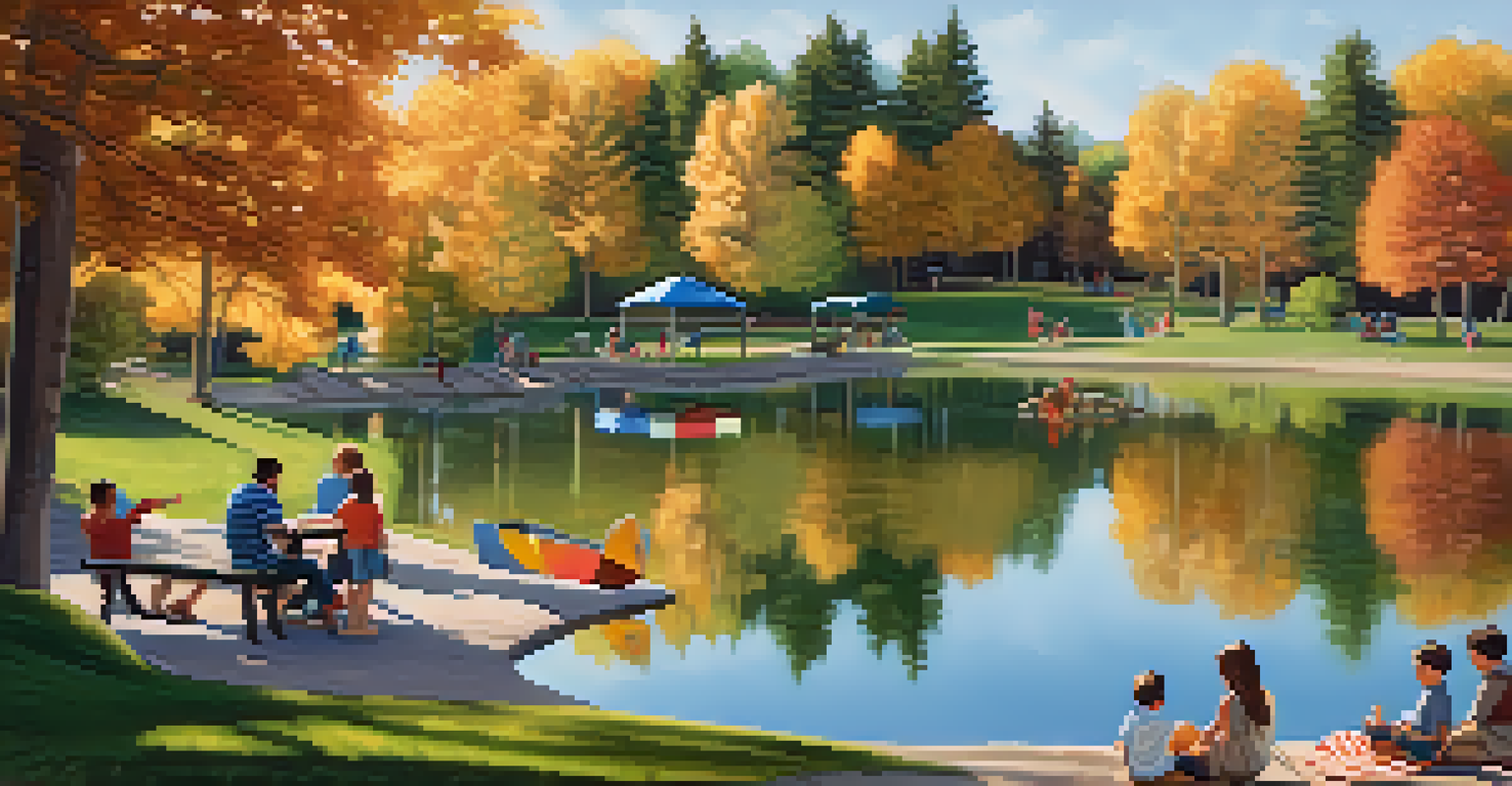 A family enjoying a picnic by the lake, with kids playing and fishing in a park.