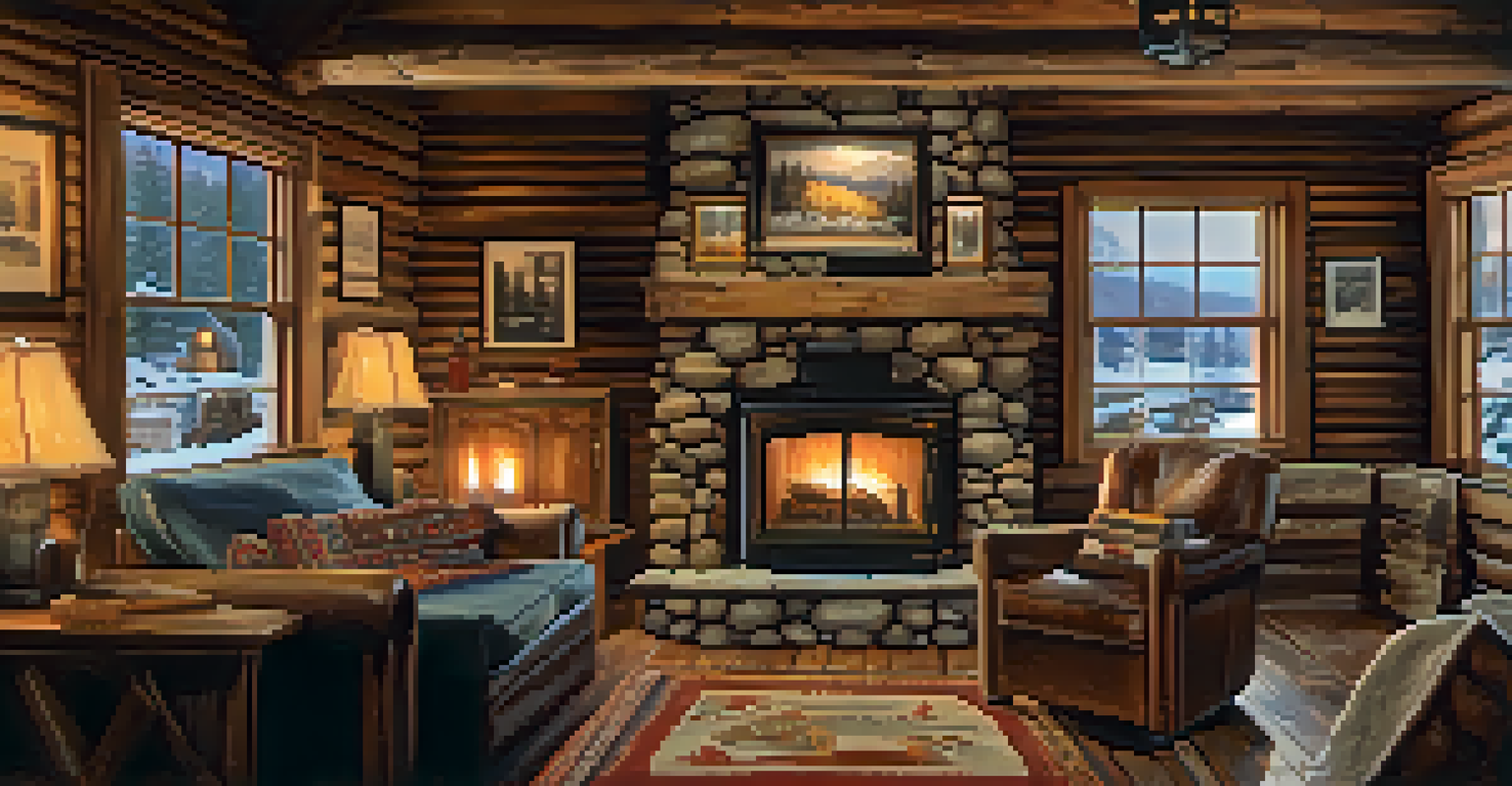 The interior of a rustic cabin, showcasing wooden decor, a fireplace, and a snowy landscape visible through the windows.