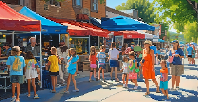 A lively street filled with colorful art displays, artists engaging with visitors, and families enjoying the Big Bear Art Walk.