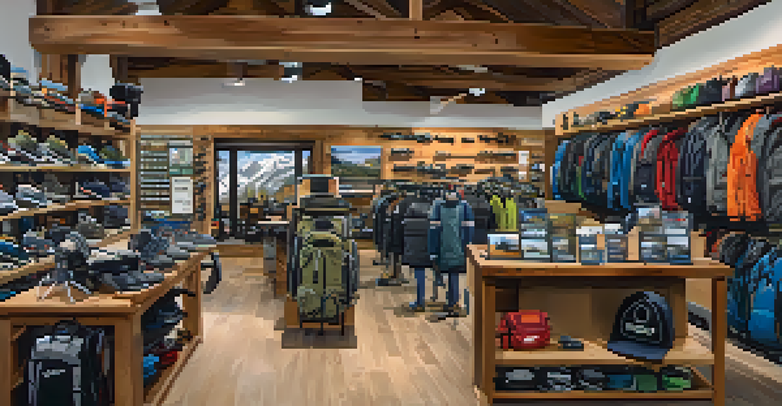 An outdoor gear shop in Big Bear, lively with customers and staff, showcasing hiking and skiing equipment along with local maps.