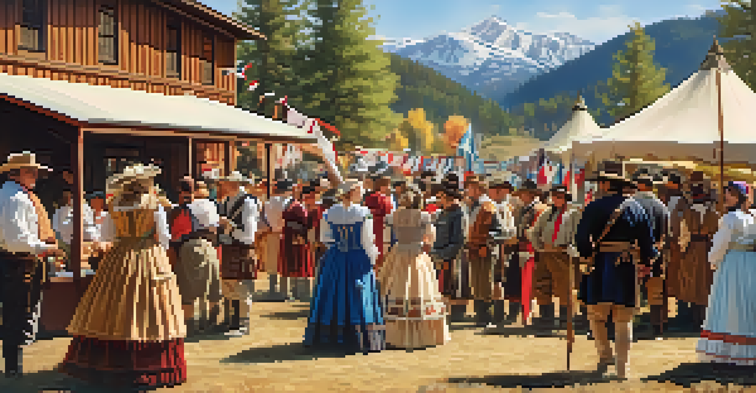 A lively community event at a museum featuring reenactors in period costumes and colorful decorations.