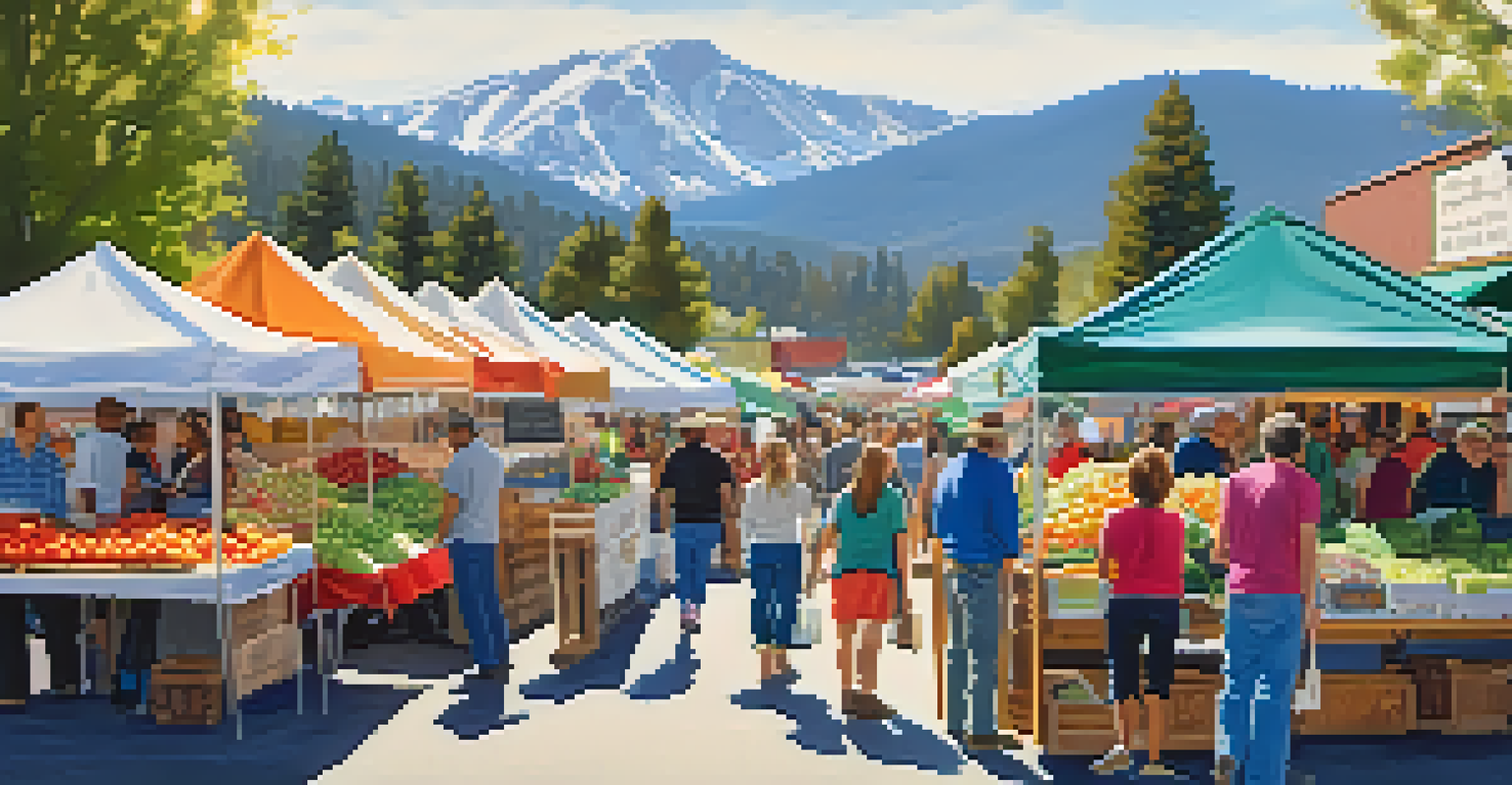 A busy farmers' market in Big Bear, showcasing stalls with fresh produce and shoppers interacting with vendors.