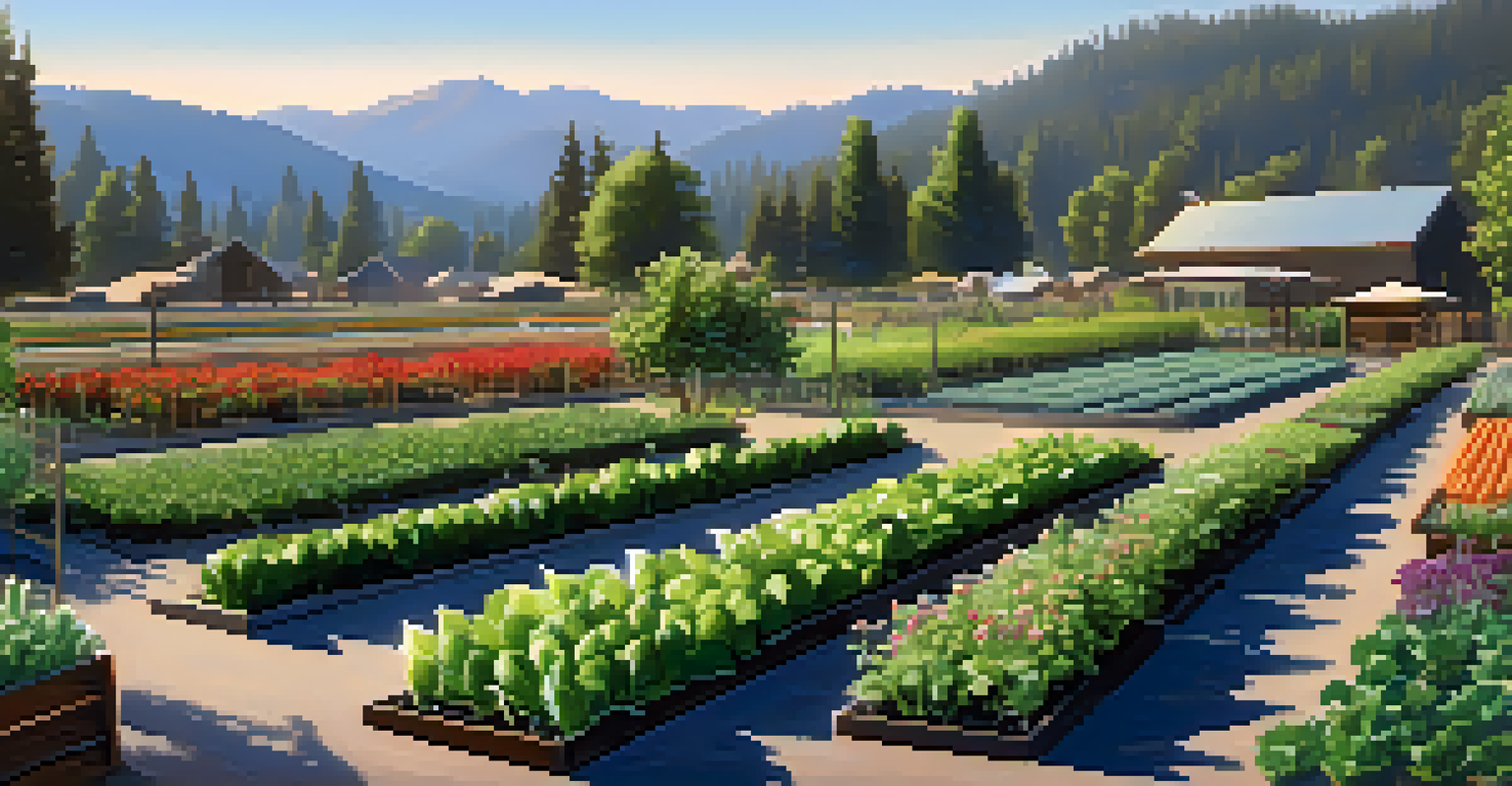 A peaceful community garden at sunrise, featuring vegetable plots and colorful flowers with mountains in the background.