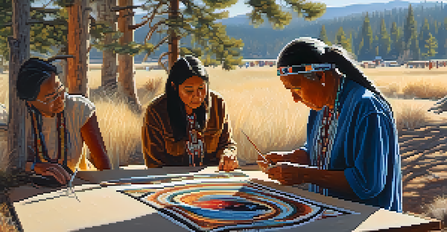 A Native American artist showcasing beadwork at an outdoor art fair, with onlookers and sunlight filtering through the trees.