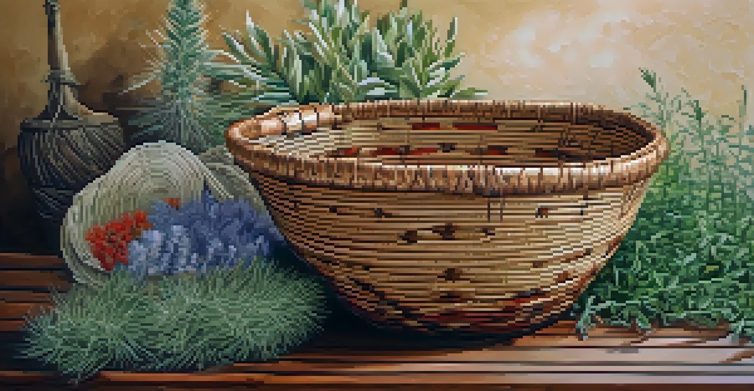 A beautifully crafted woven basket with traditional designs on a wooden table surrounded by sage and wildflowers.