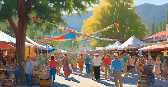 Families and friends enjoying traditional dance performances at Big Bear's Heritage Festival with mountains in the background.