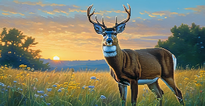 A deer in a colorful meadow filled with wildflowers, illuminated by the warm light of sunset.