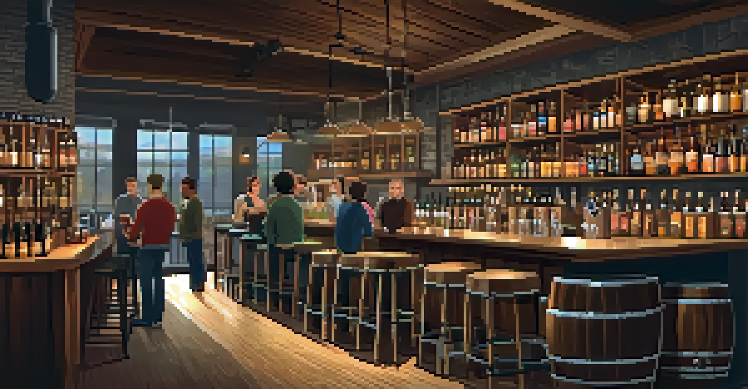 A cozy brewery interior with a tasting bar and craft beer flights on display, with a bartender serving a pint.