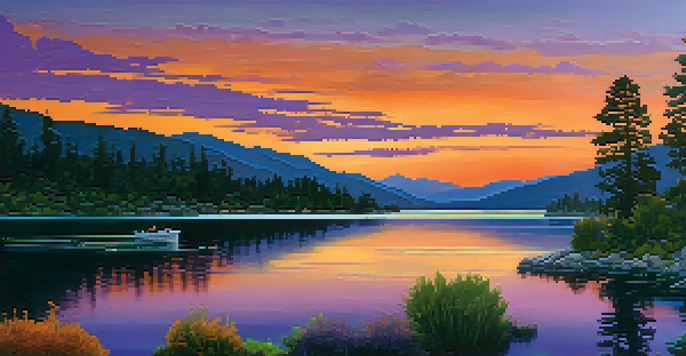 A scenic sunset view of Big Bear Lake Drive with vibrant colors reflecting on the water and silhouetted mountains.