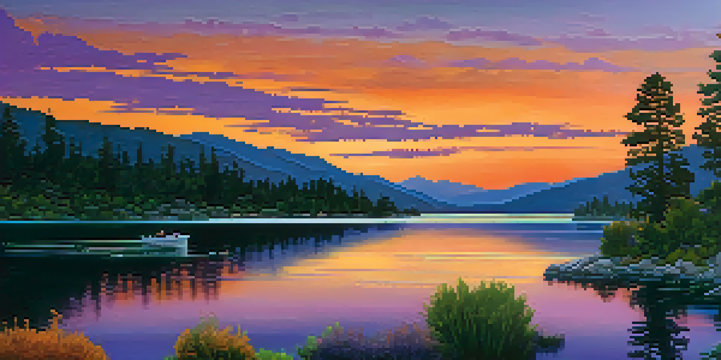 A scenic sunset view of Big Bear Lake Drive with vibrant colors reflecting on the water and silhouetted mountains.