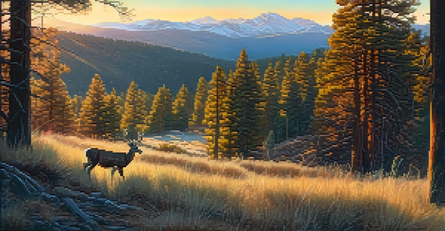 A deer grazing in a beautiful Big Bear landscape at sunset, with a hiker observing from afar.
