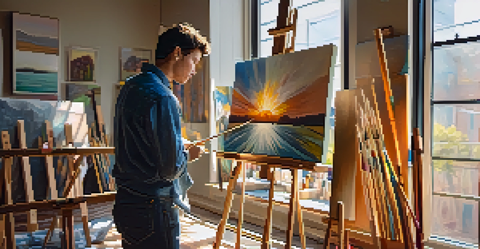 An artist painting in a sunlit studio with eco-friendly materials and colorful artworks around.