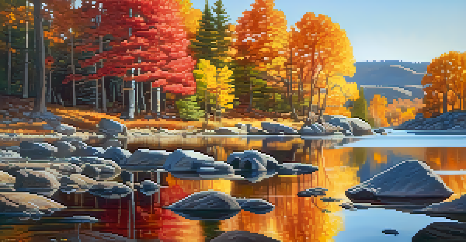 Boulder Bay in autumn with colorful leaves reflecting in the lake and rock formations along the shore.