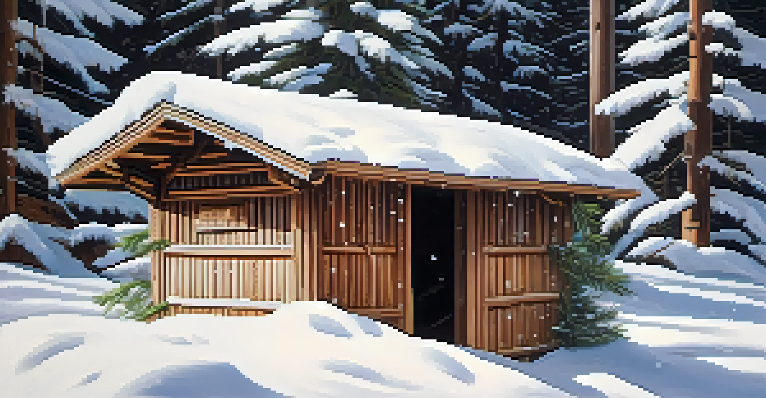 Close-up of a winter shelter made from branches and snow, with an entrance and vents.