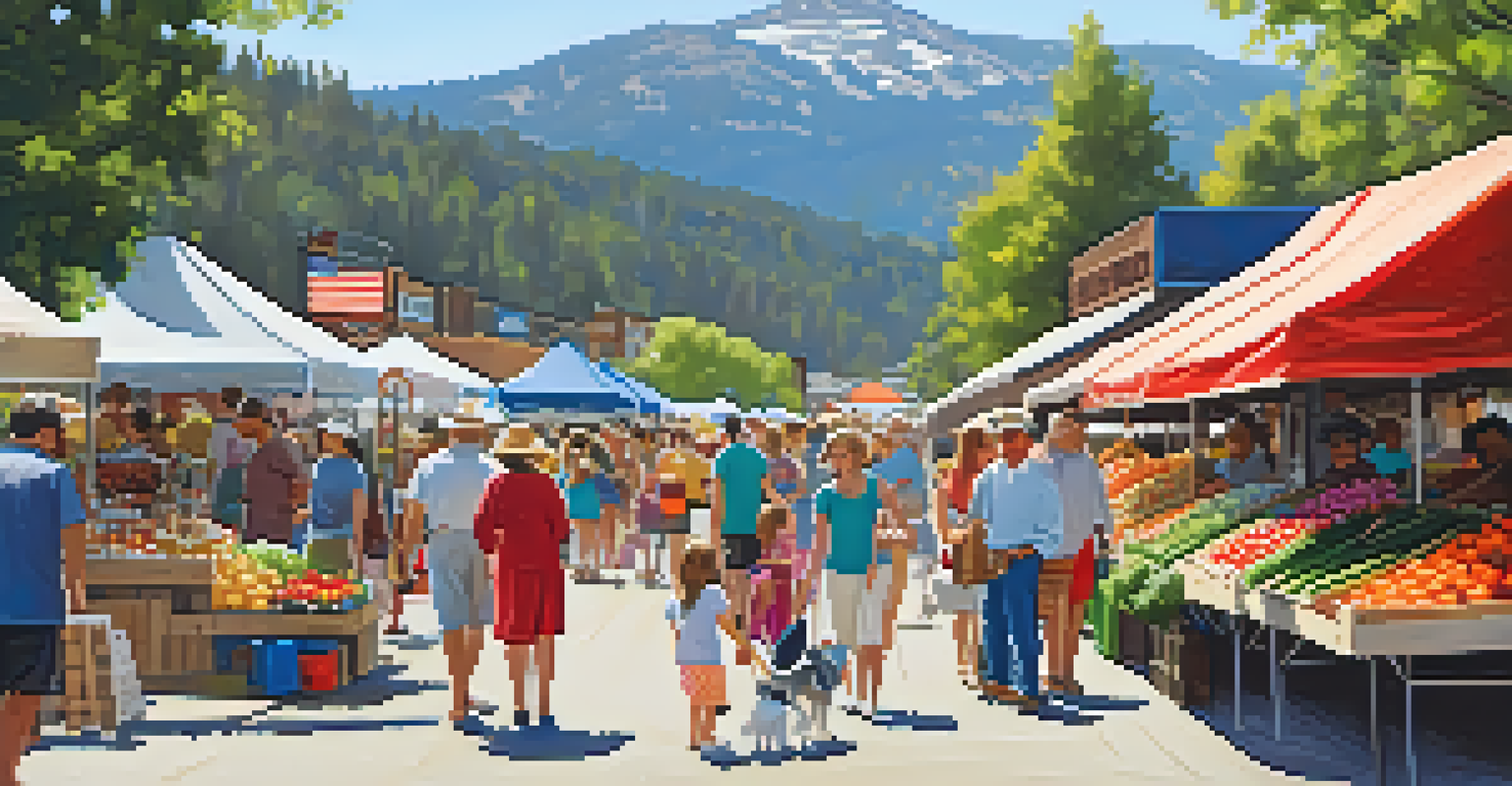 A bustling outdoor market in Big Bear during summer, filled with colorful stalls and people enjoying the day.