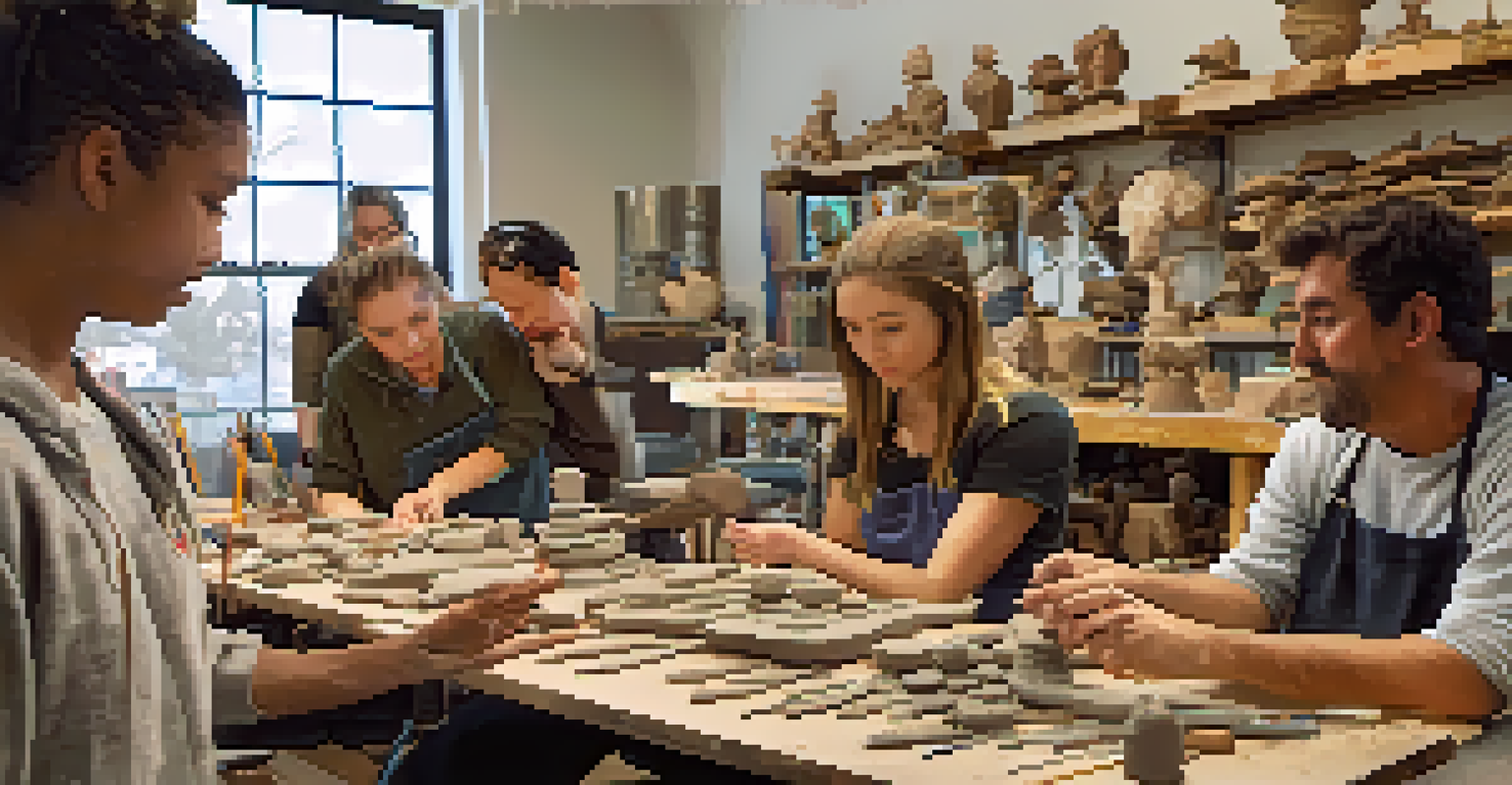 An art instructor showing sculpting techniques to students in a studio filled with materials and sculptures.