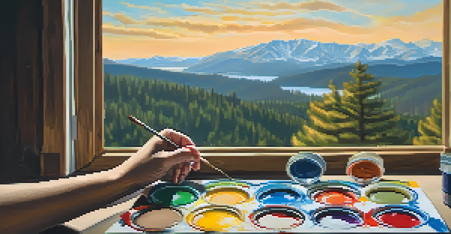 A close-up of an artist's hands mixing colorful paints on a palette, with a canvas and Big Bear landscape visible through a window.