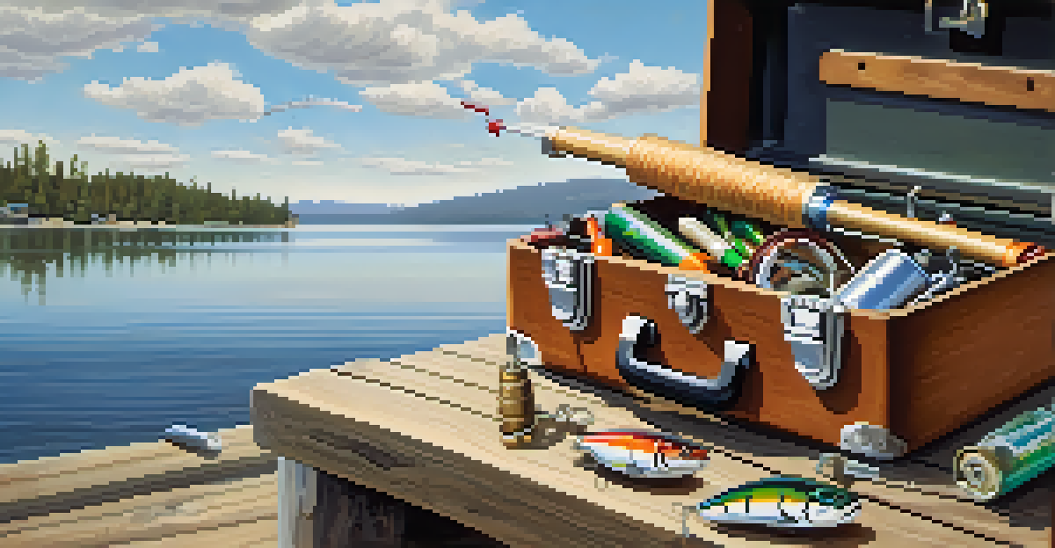 A close-up of a fishing rod and tackle box on a dock by Big Bear Lake, with various lures visible and the lake sparkling in the background.
