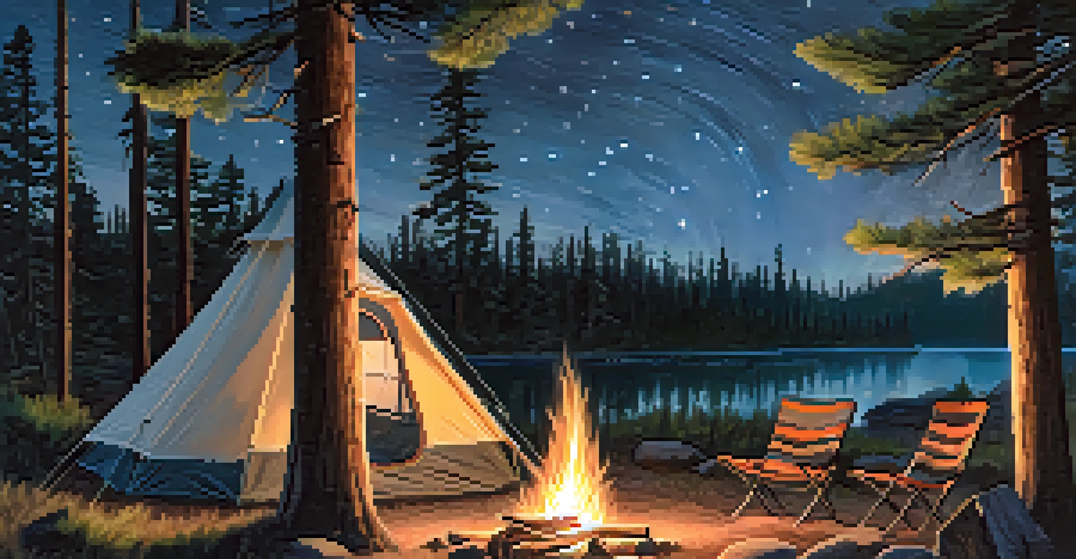 A campsite in the woods featuring a tent, campfire, and starry sky, surrounded by pine trees.