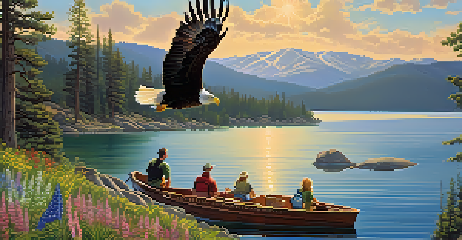 A group of people on a boat watching a bald eagle in the sky near Big Bear Lake, surrounded by greenery and wildflowers.