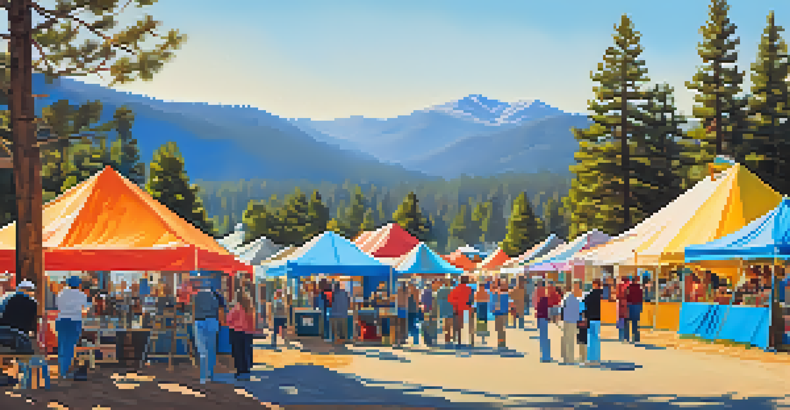 An art festival in Big Bear with local artists and visitors surrounded by colorful tents and mountain views.