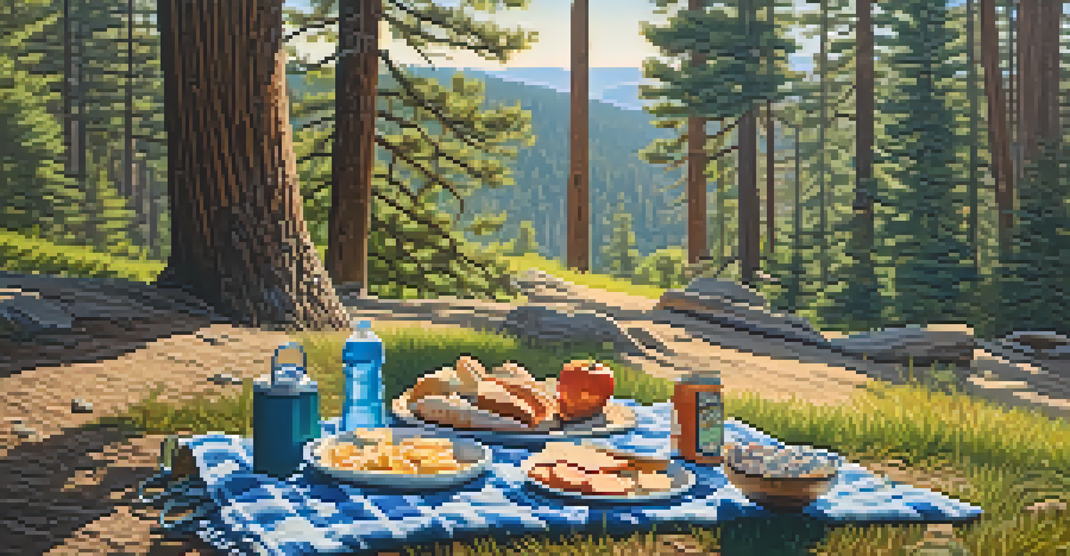 A picnic setup with snacks and a water bottle on a blanket beside a hiking trail.