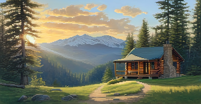 A picturesque view of Big Bear with a rustic logging cabin surrounded by lush green forests and a sunset sky.